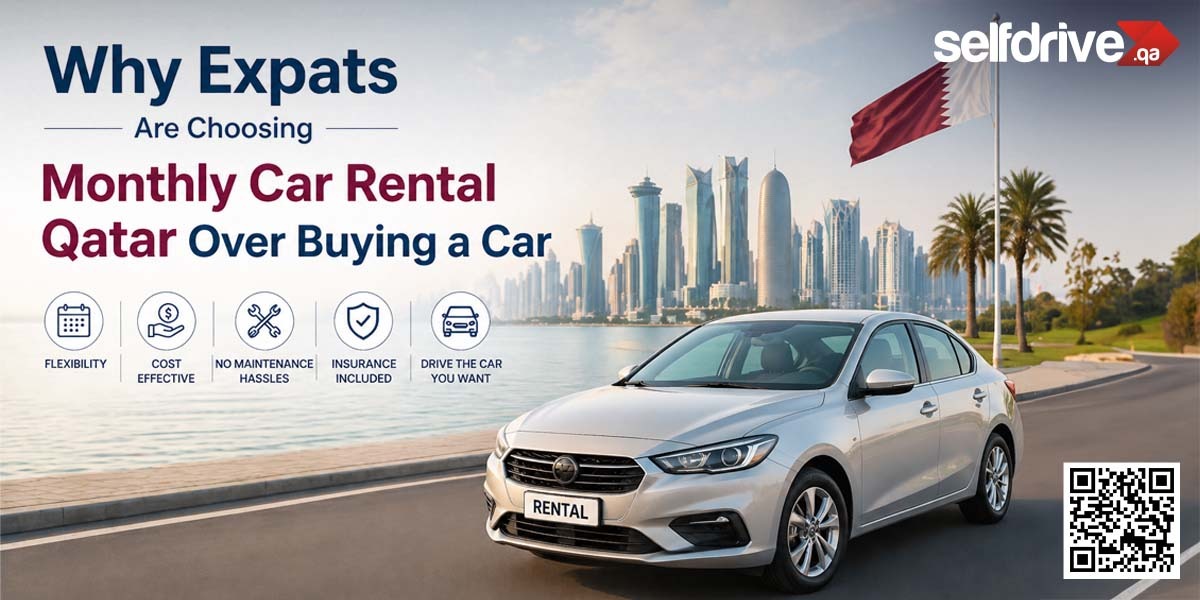 Alt text: "Advertisement for car rentals in Qatar. A silver rental car in front of the Doha skyline. Text highlights benefits: flexibility, cost-effectiveness, no maintenance, insurance, choice. Qatar flag above palm trees, and a QR code in the corner."